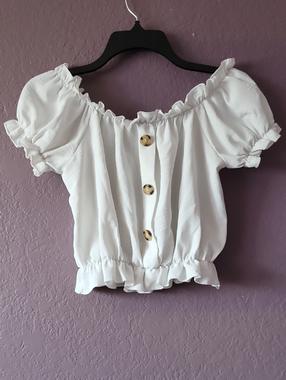 Attirance Women's White Off-Shoulder Ruffle Button Crop Top